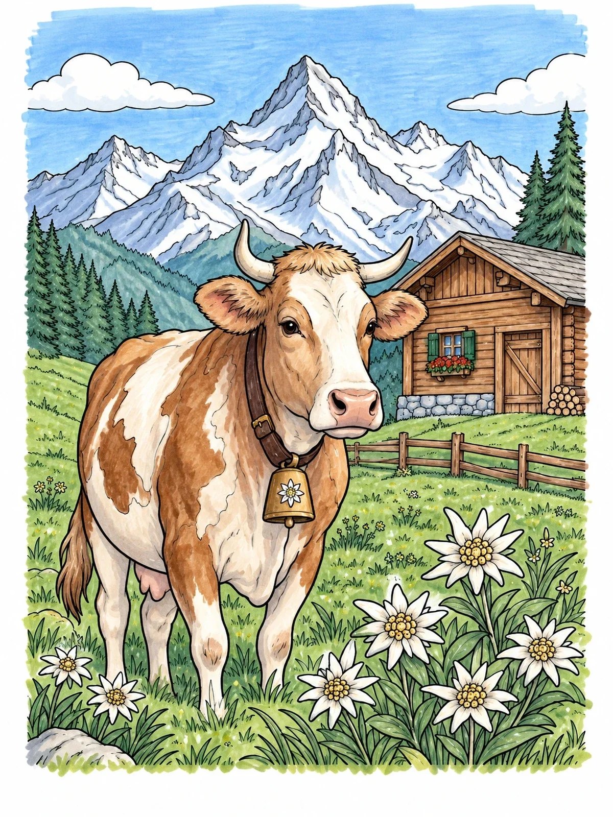 Colored example of the Alpine Cow In Mountain Meadow coloring page