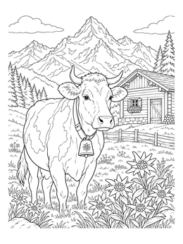 An alpine cow with a bell and edelweiss in an austria coloring page.