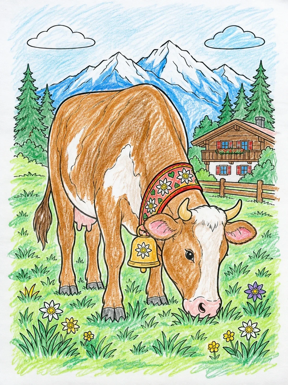 Colored example of the Alpine Cow With Cowbell Grazing In Pasture coloring page