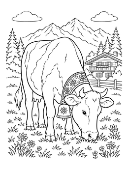 An alpine cow with a decorated bell grazes in this austria coloring page with mountains and a chalet.