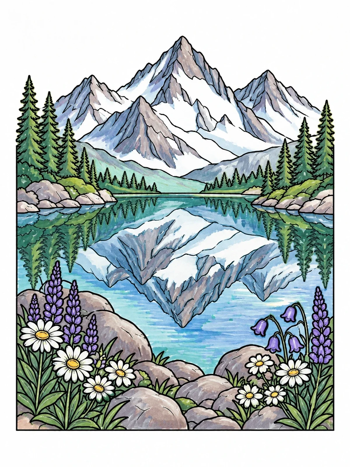 Colored example of the Alpine Lake And Mountain Reflection coloring page