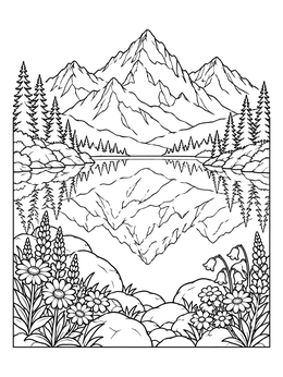 A peaceful alpine lake reflecting peaks on this mountain coloring page with wildflowers in front.