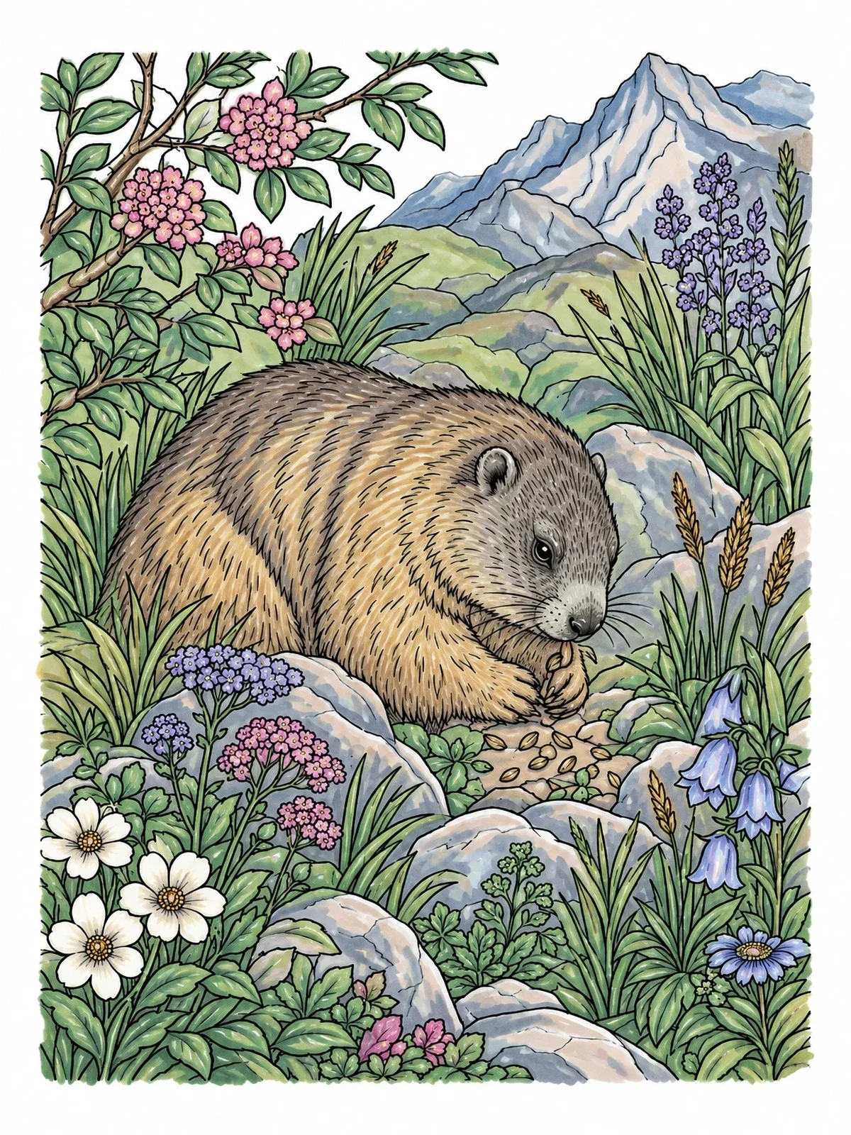 Colored example of the Alpine Marmot Foraging In Meadow coloring page