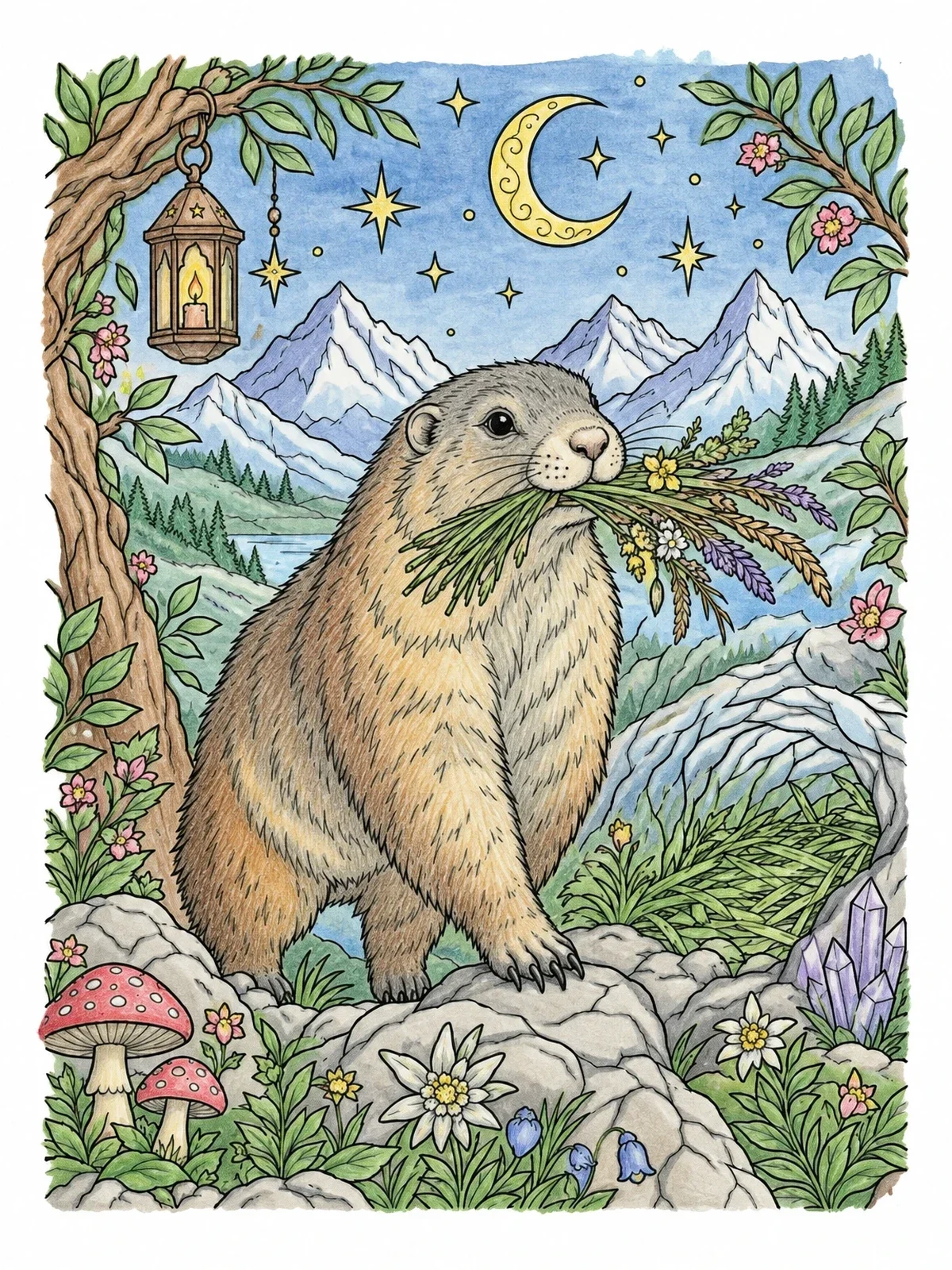 Colored example of the Alpine Marmot Gathering Nesting Herbs coloring page