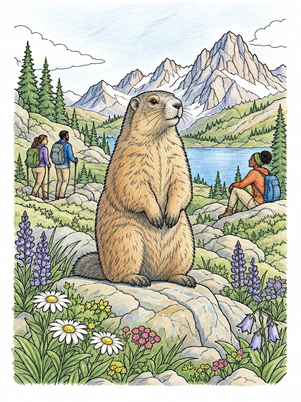 Colored example of the Alpine Marmot Watching Mountain Hikers coloring page