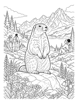 A fluffy marmot on a rocky meadow in this detailed mountain coloring page.