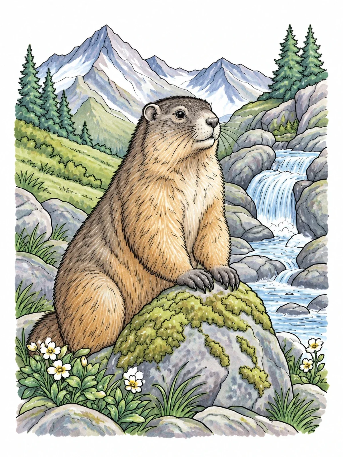 Colored example of the Alpine Marmot By Mountain Stream coloring page