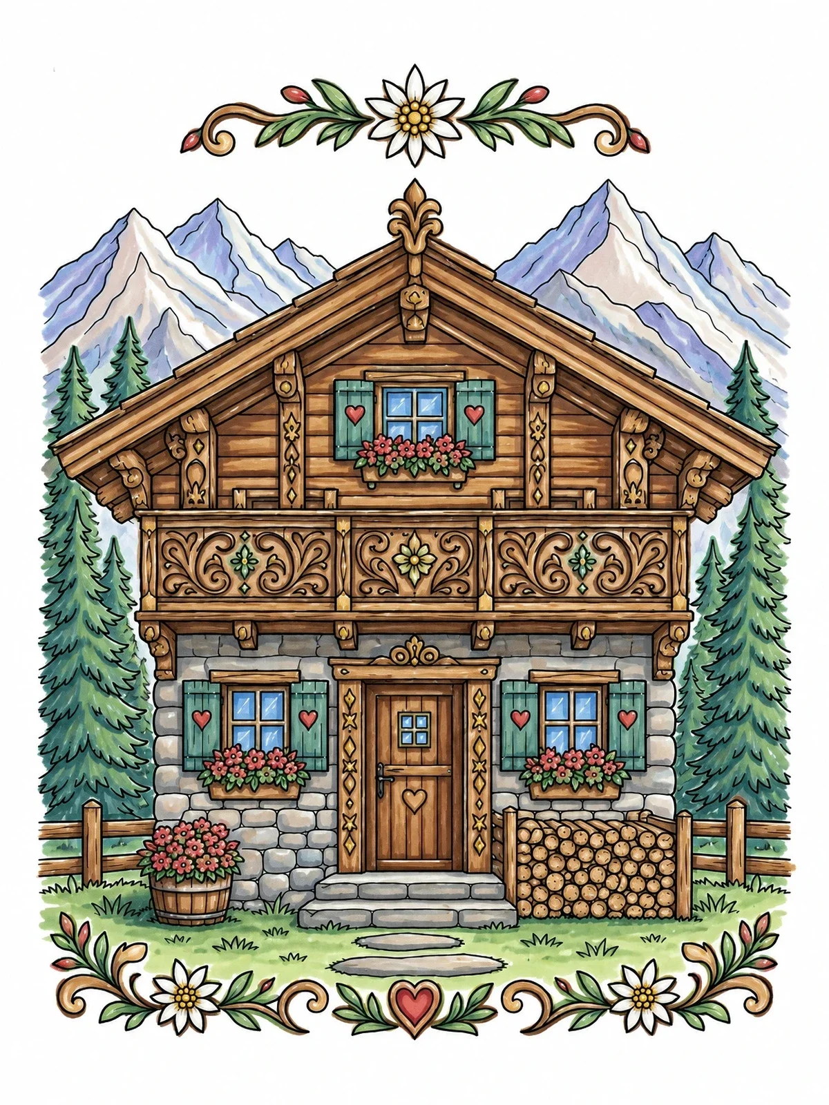 Colored example of the Alpine Mountain Chalet Cottage coloring page