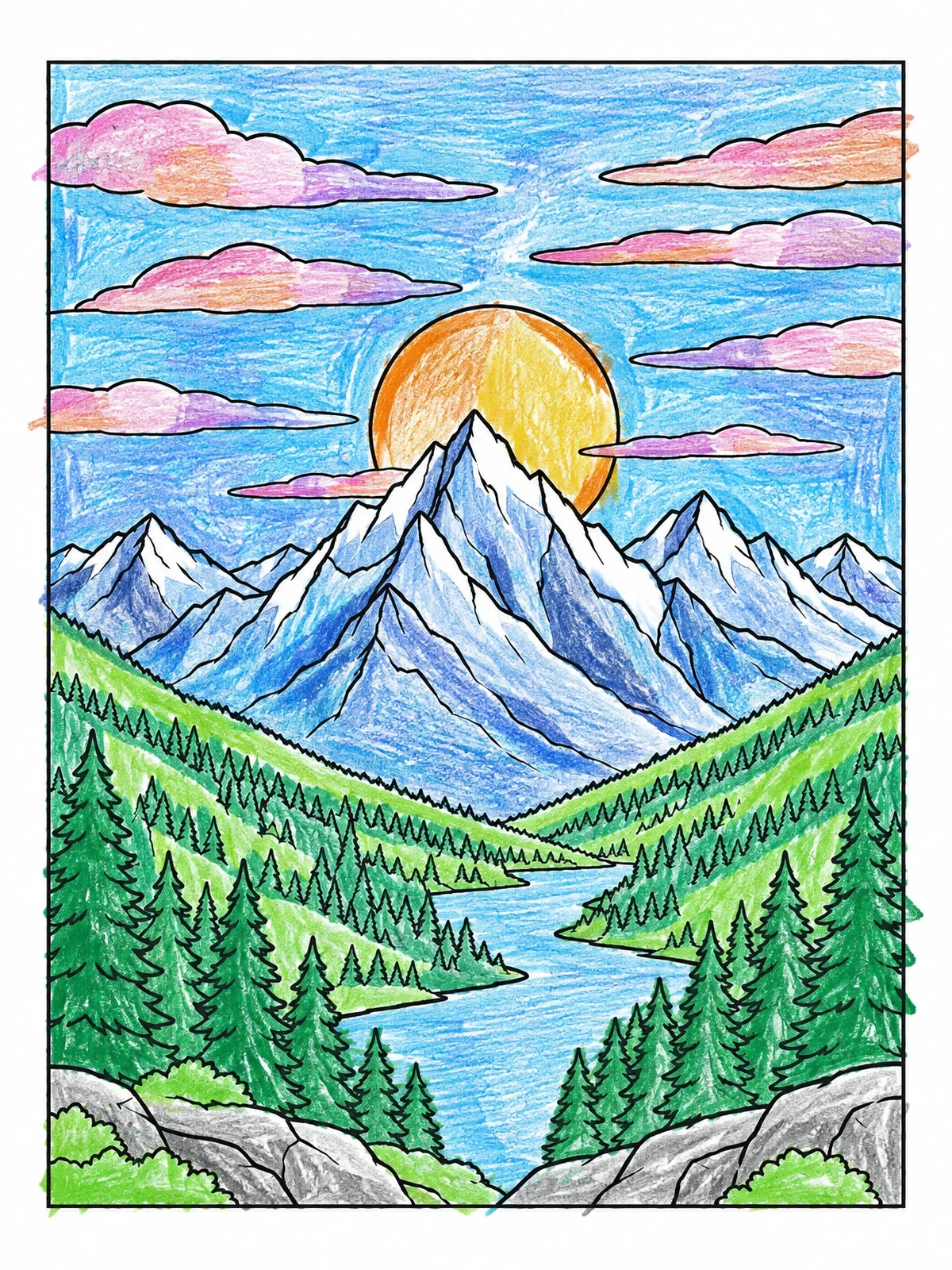 Colored example of the Alpine Mountain Sunset With Pine Valley coloring page