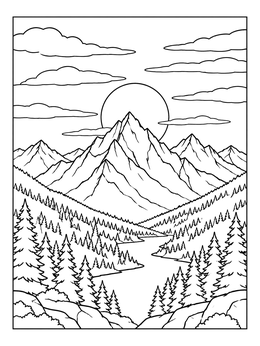 Free printable Alpine Mountain Sunset With Pine Valley coloring page