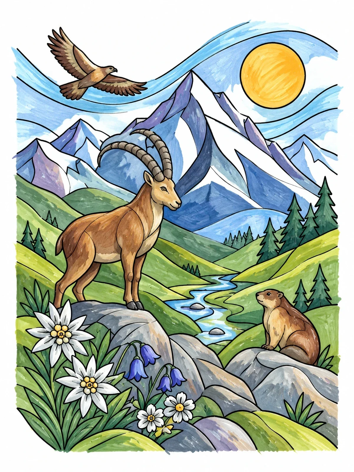 Colored example of the Alpine Mountain Wildlife Ecosystem coloring page