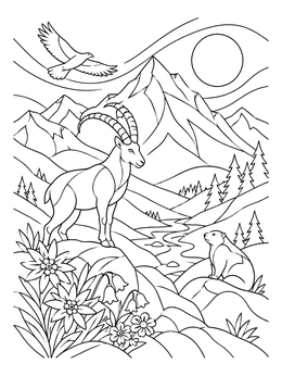 An alpine wildlife ecosystem coloring page showing an ibex, marmot, eagle, and mountain peaks.