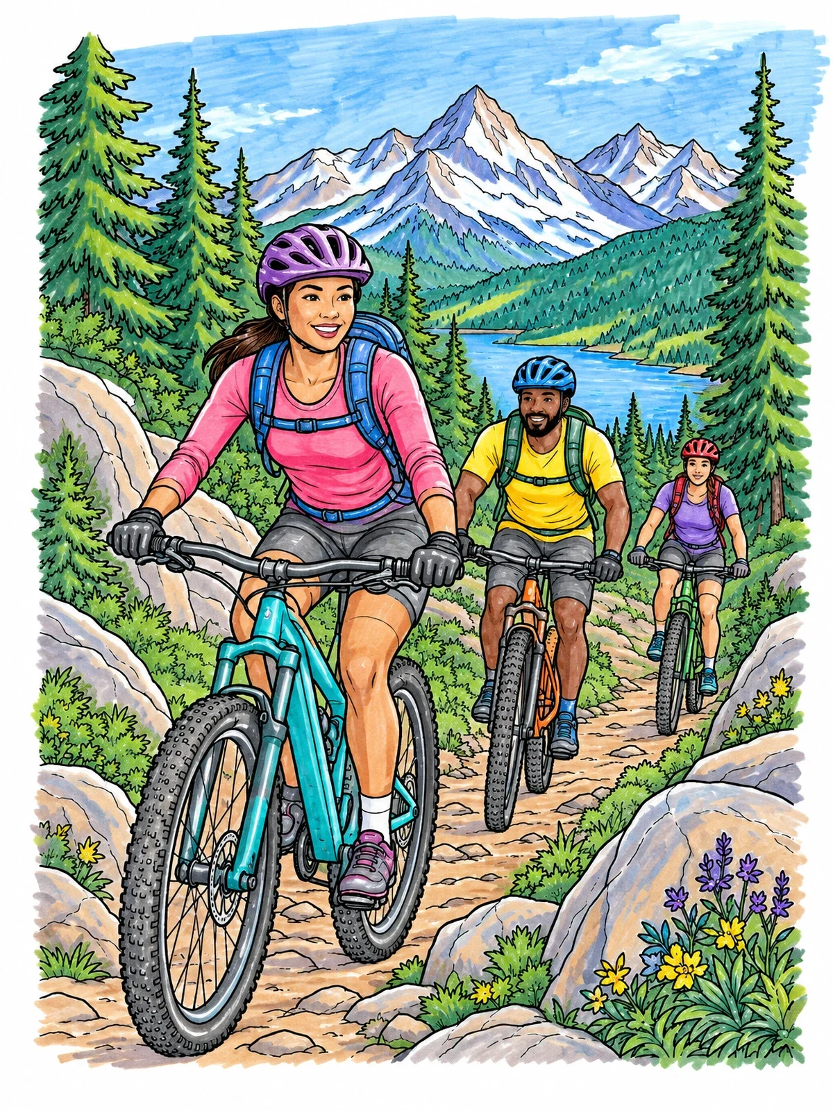 Colored example of the Cyclists On Alpine Forest Trail coloring page