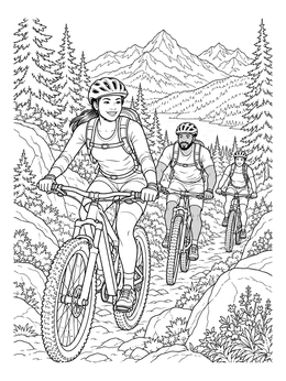 Free printable Cyclists On Alpine Forest Trail coloring page