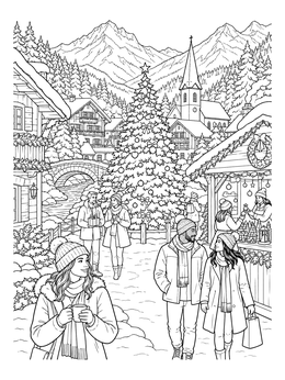 A bustling christmas village coloring page with an alpine backdrop, decorated tree, and holiday market stalls.