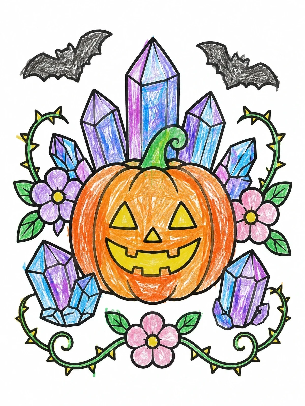 Colored example of the Carved Pumpkin With Crystals And Vines coloring page