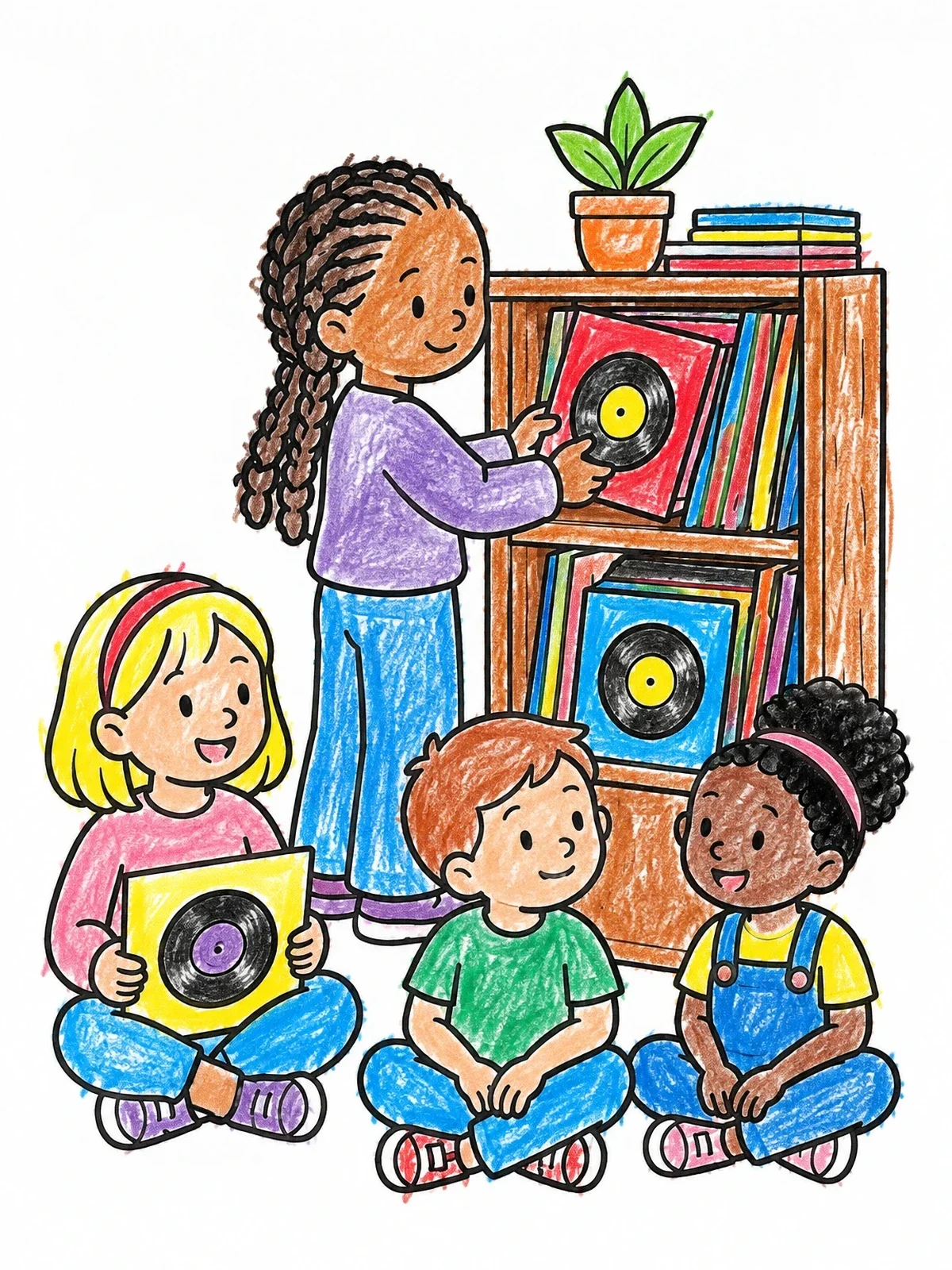 Colored example of the Children Browsing Vintage Vinyl Records coloring page