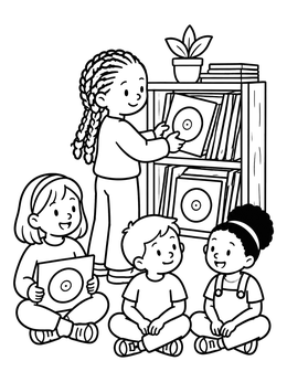 Free printable Children Browsing Vintage Vinyl Records coloring page