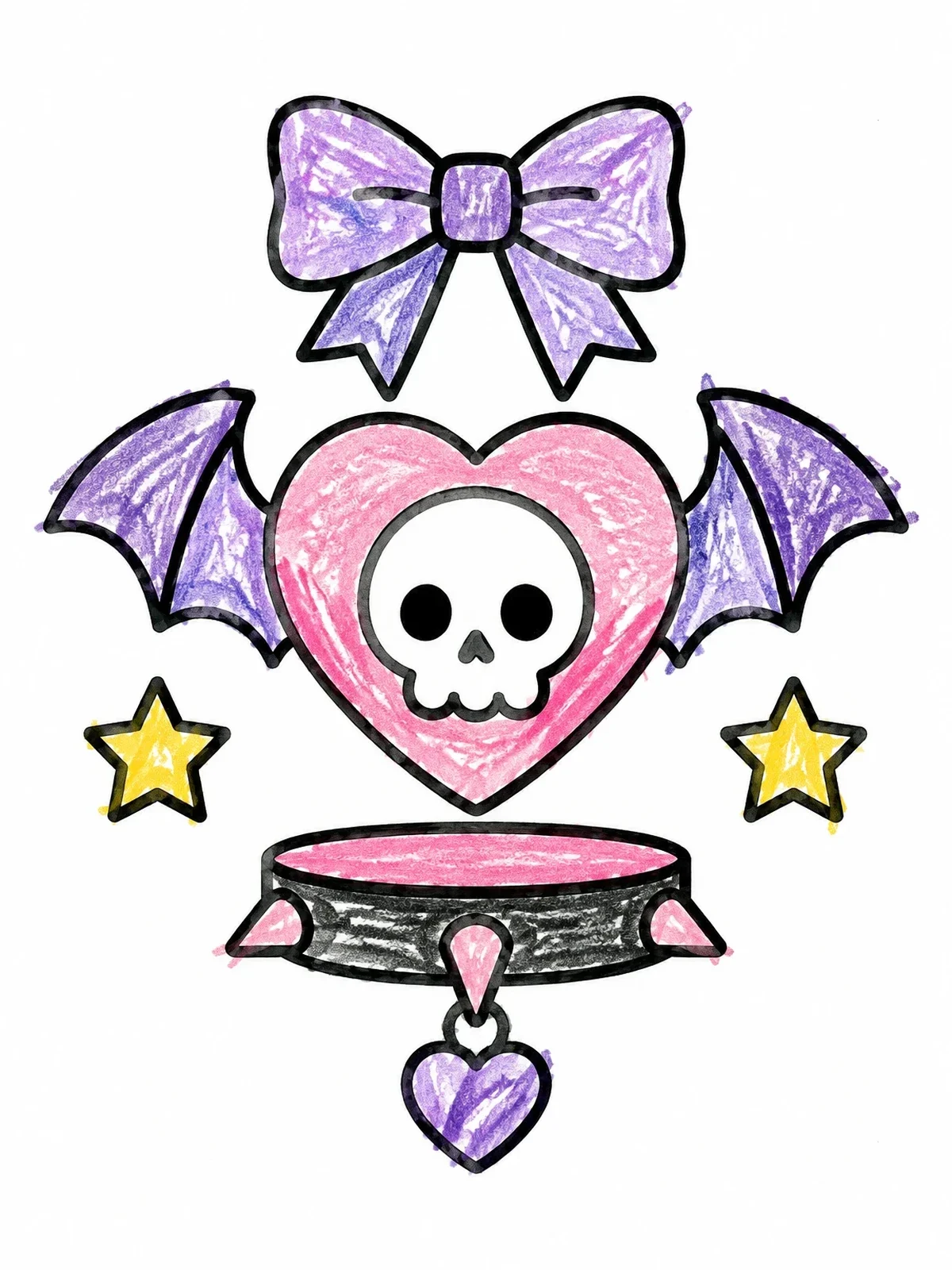 Colored example of the Cute Pastel Goth Heart And Choker coloring page