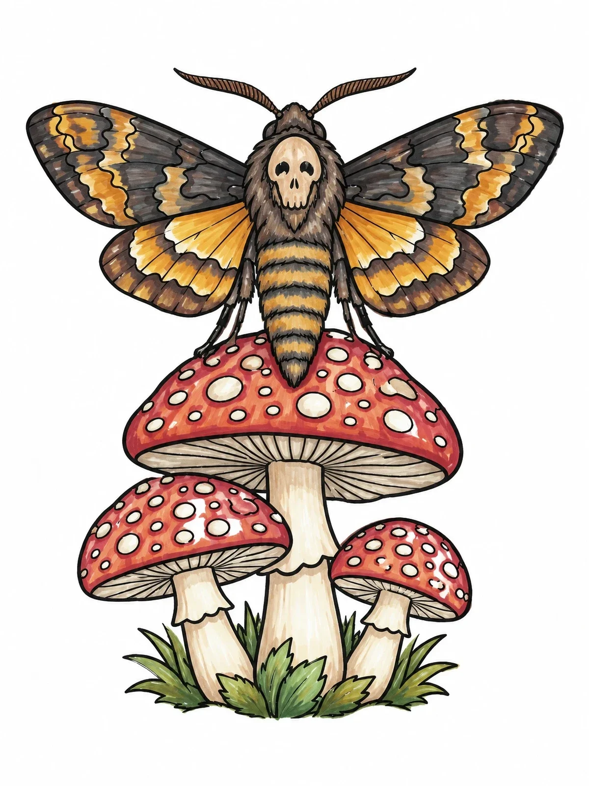Colored example of the Death's Head Hawk Moth On Mushrooms coloring page