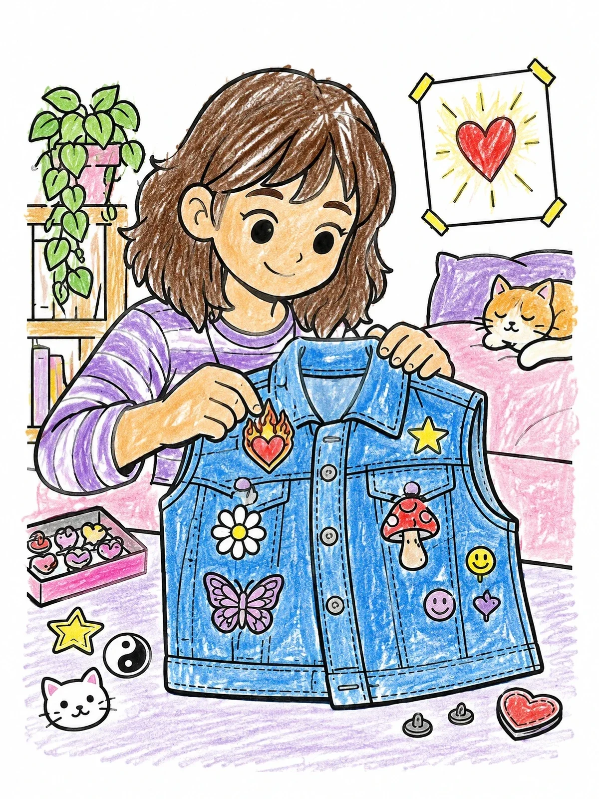 Colored example of the Decorating A Denim Vest With Patches coloring page