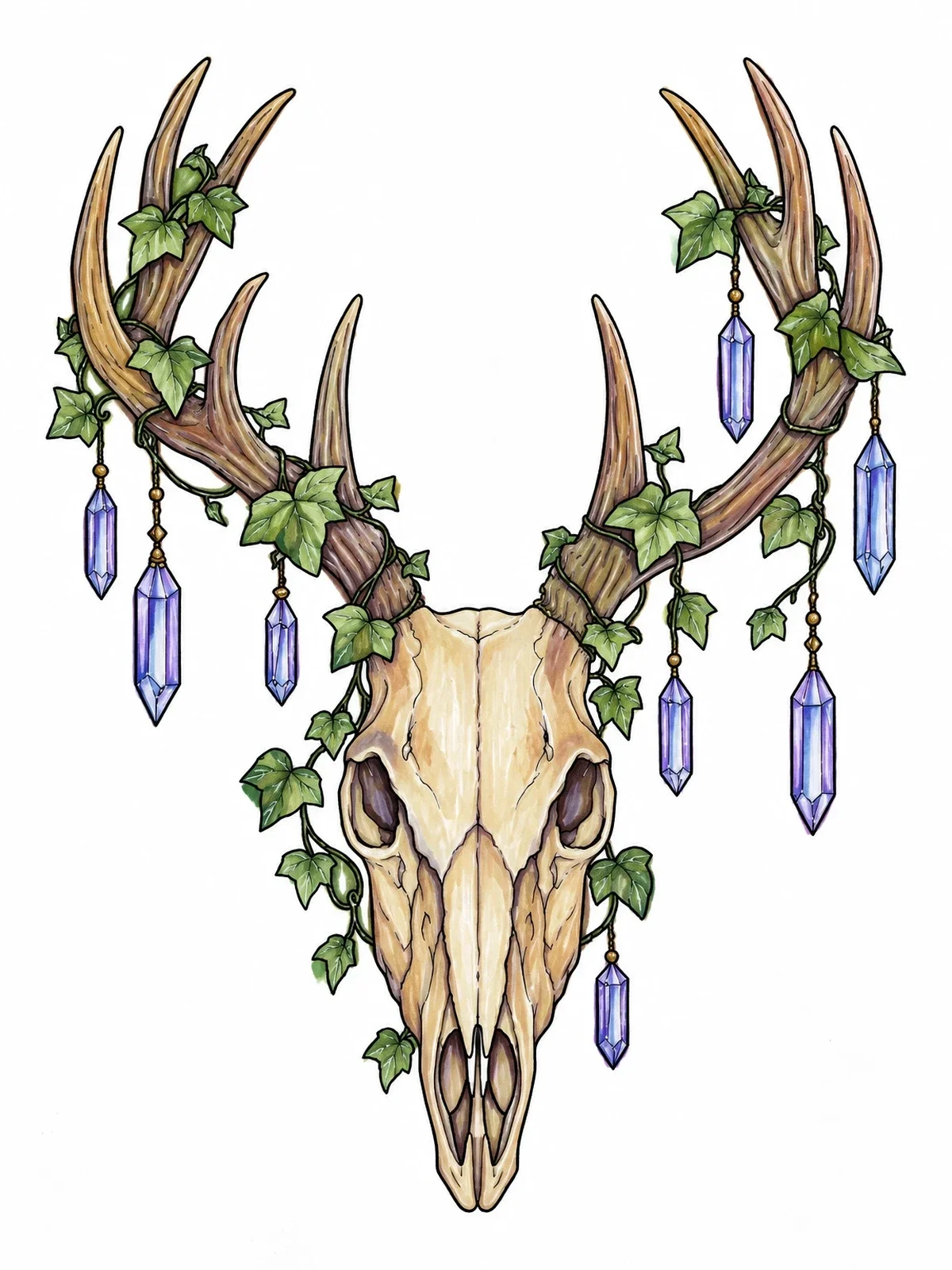 Colored example of the Deer Skull With Crystals And Ivy coloring page