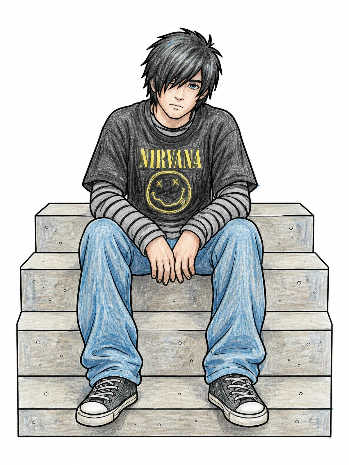 Colored example of the Emo Boy On Concrete Steps coloring page