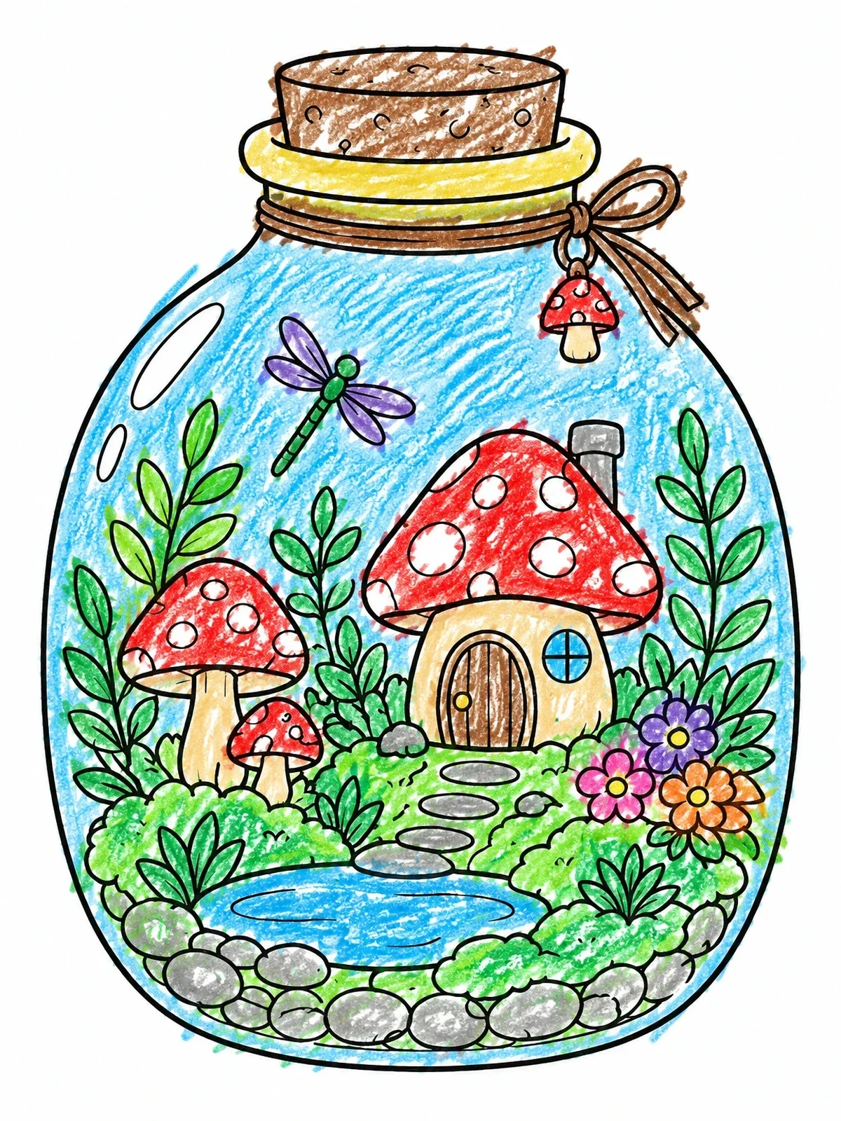 Colored example of the Fairycore Mushroom Terrarium In A Jar coloring page