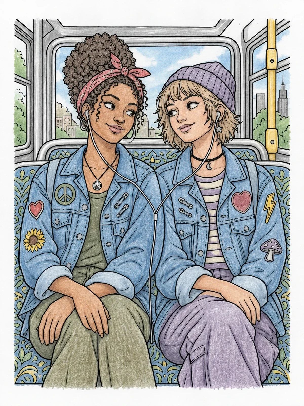 Colored example of the Alternative Friends Sharing Music On Bus coloring page