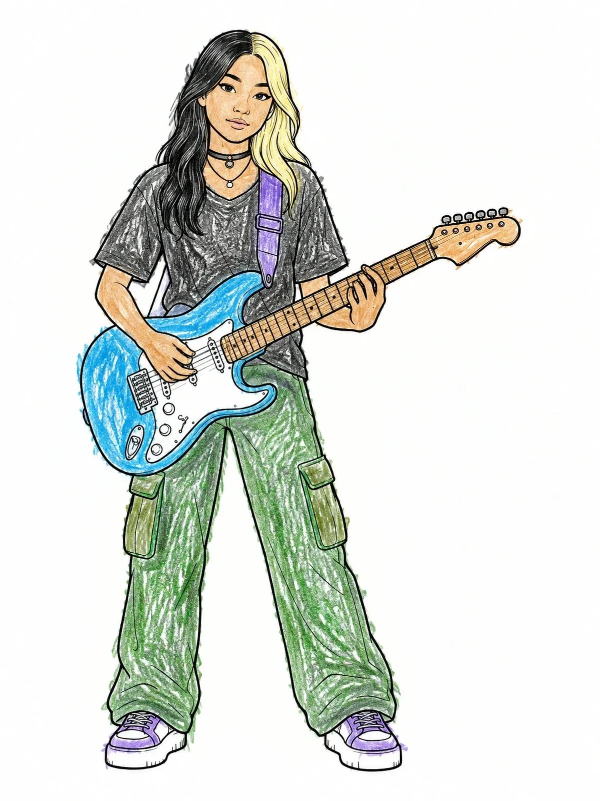 Colored example of the Alternative Girl With Electric Guitar coloring page