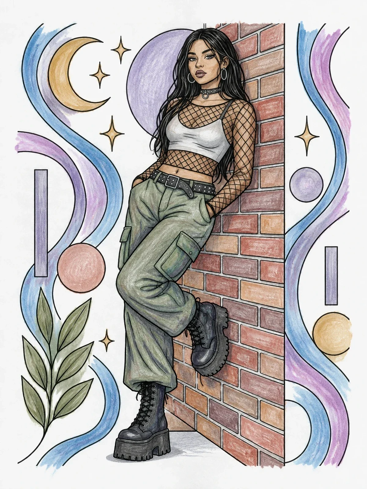 Colored example of the Goth Girl By Brick Wall coloring page