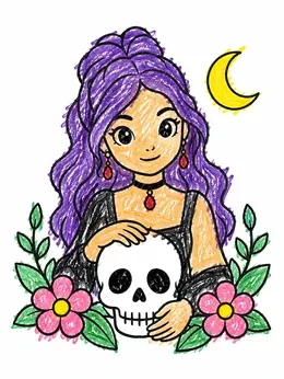 Coloring Sheets Roses Skuls Gothic Girl With Skull And Flowers – Alternative Coloring Page