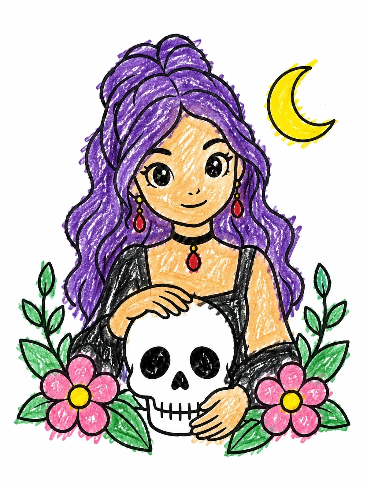 Colored example of the Gothic Girl With Skull And Flowers coloring page