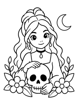 Free printable Gothic Girl With Skull And Flowers coloring page
