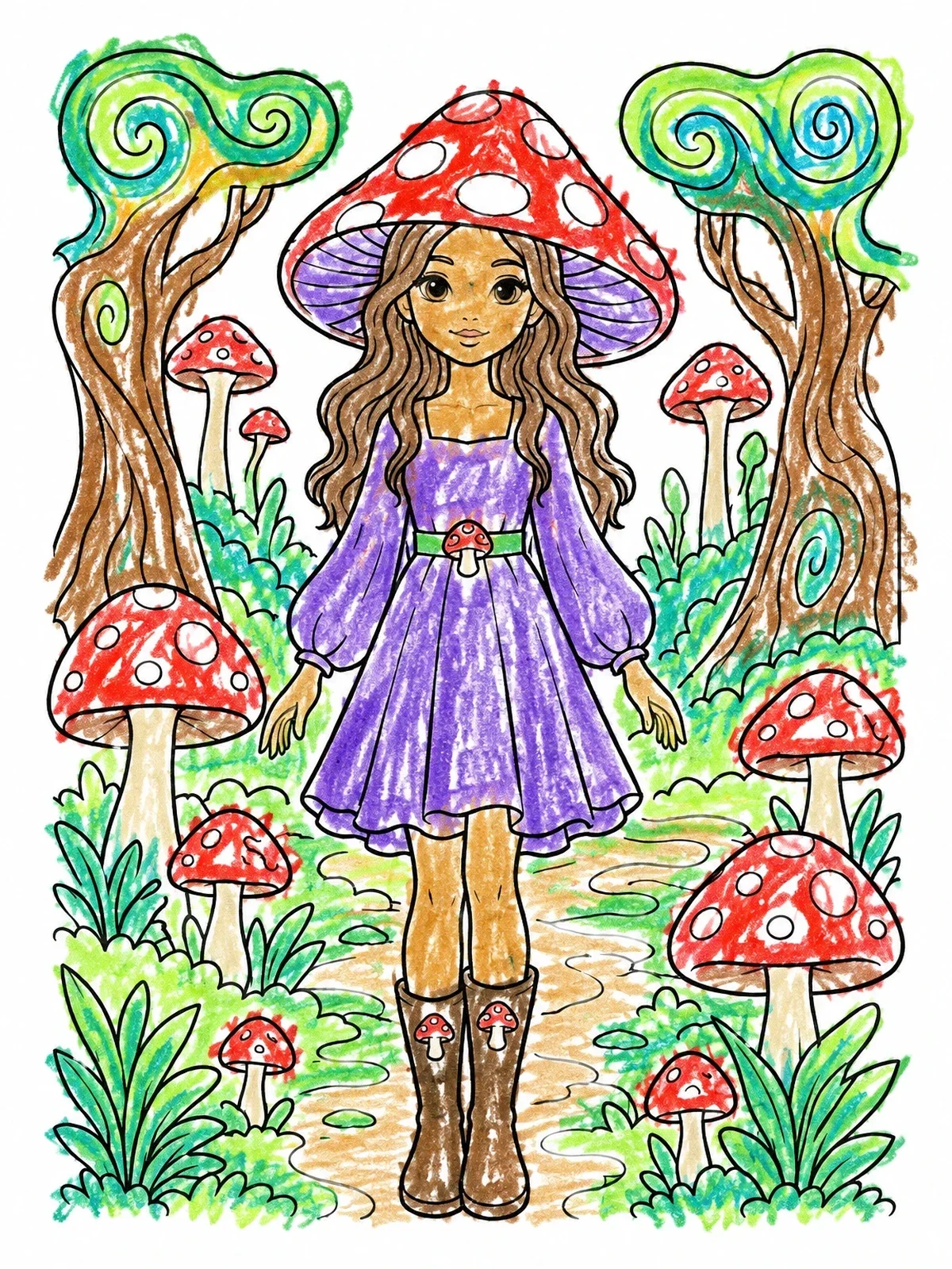 Colored example of the Mushroom Fairy In Whimsical Forest coloring page
