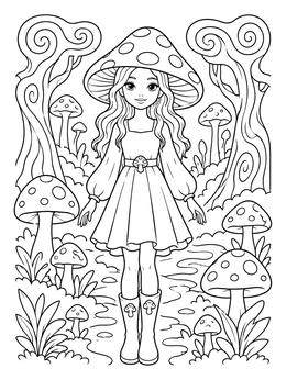 Free printable Mushroom Fairy In Whimsical Forest coloring page