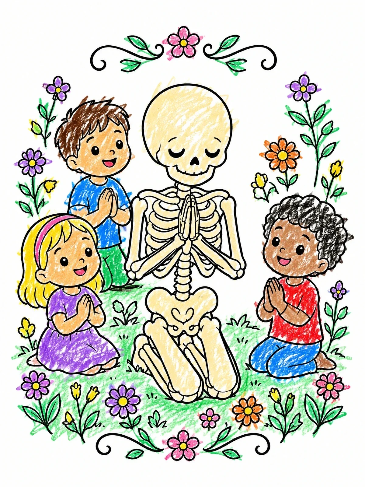 Colored example of the Praying Skeleton With Happy Children coloring page
