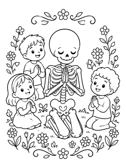 Free printable Praying Skeleton With Happy Children coloring page