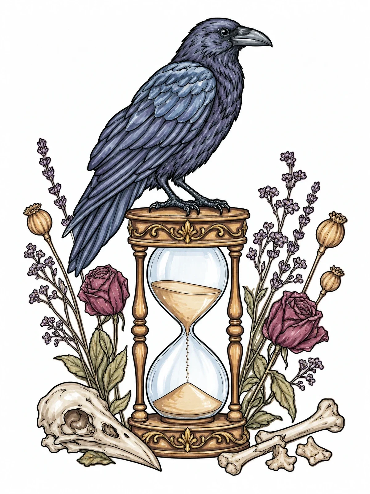 Colored example of the Raven Perched On Ornate Hourglass coloring page