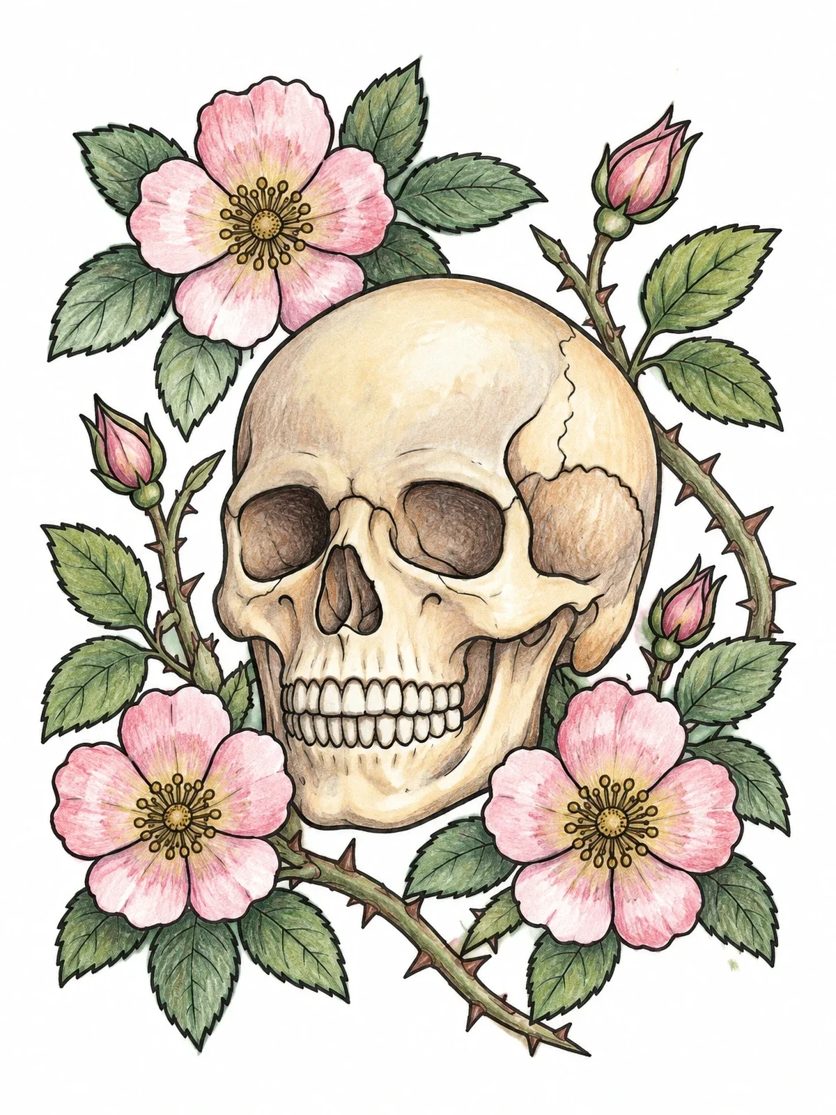 Colored example of the Skull Surrounded By Wild Roses coloring page