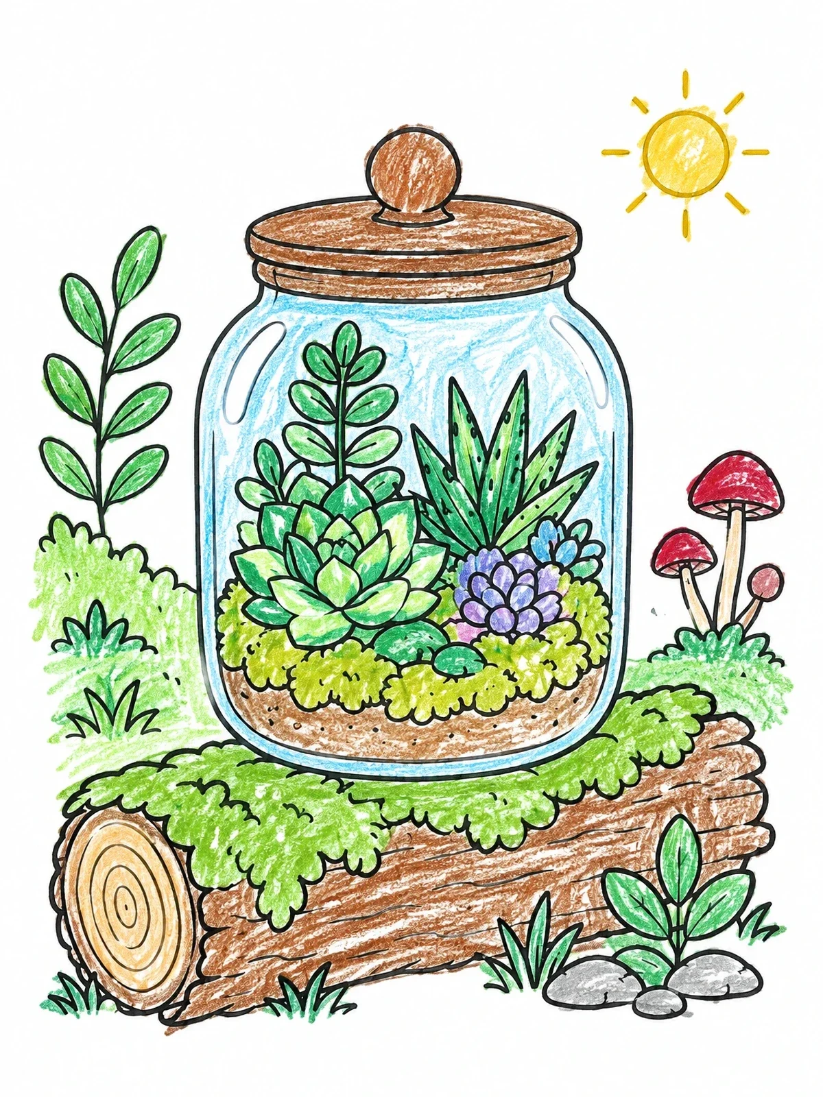 Colored example of the Succulent Terrarium Jar On A Log coloring page