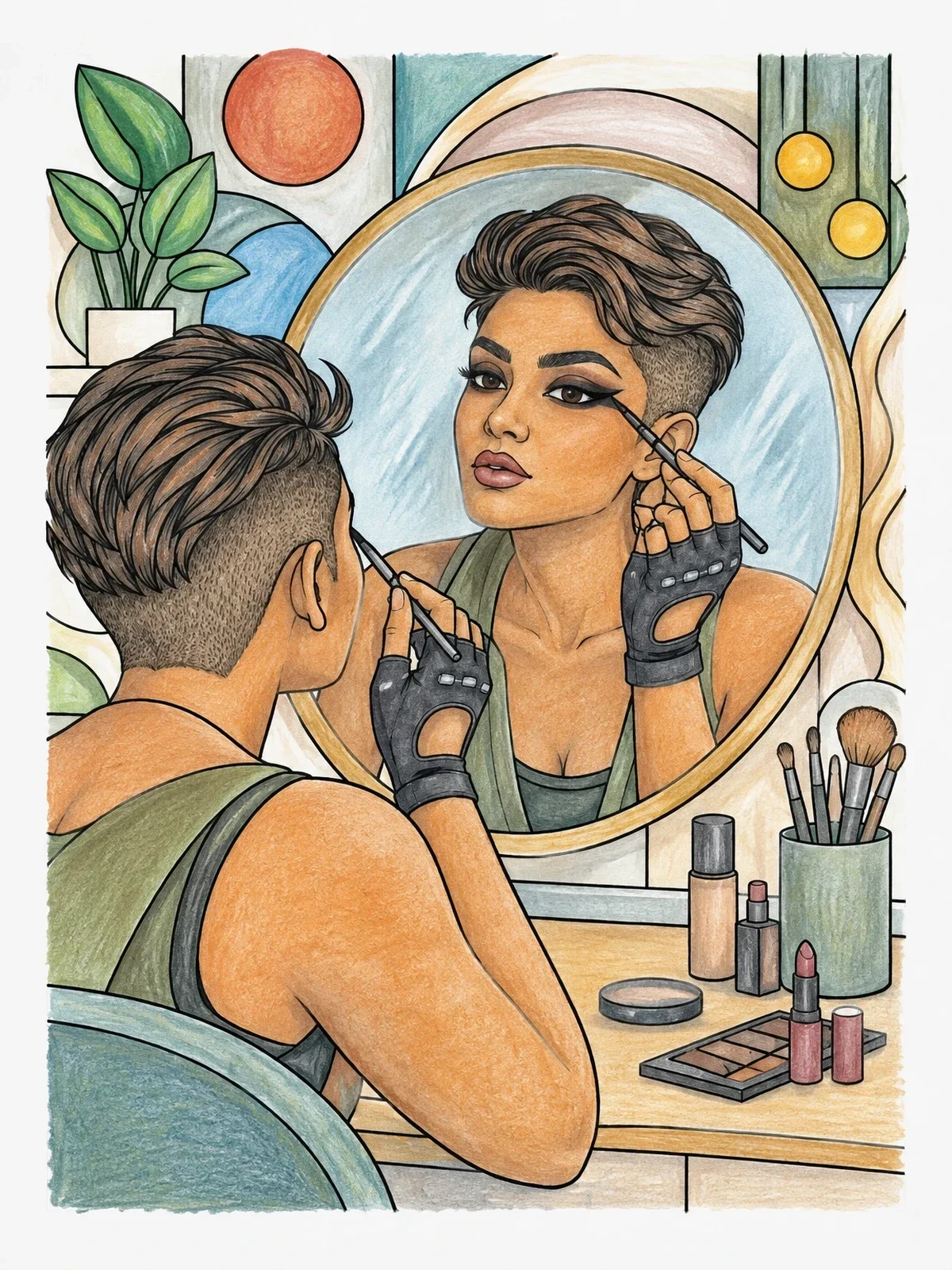 Colored example of the Applying Dramatic Makeup In The Mirror coloring page