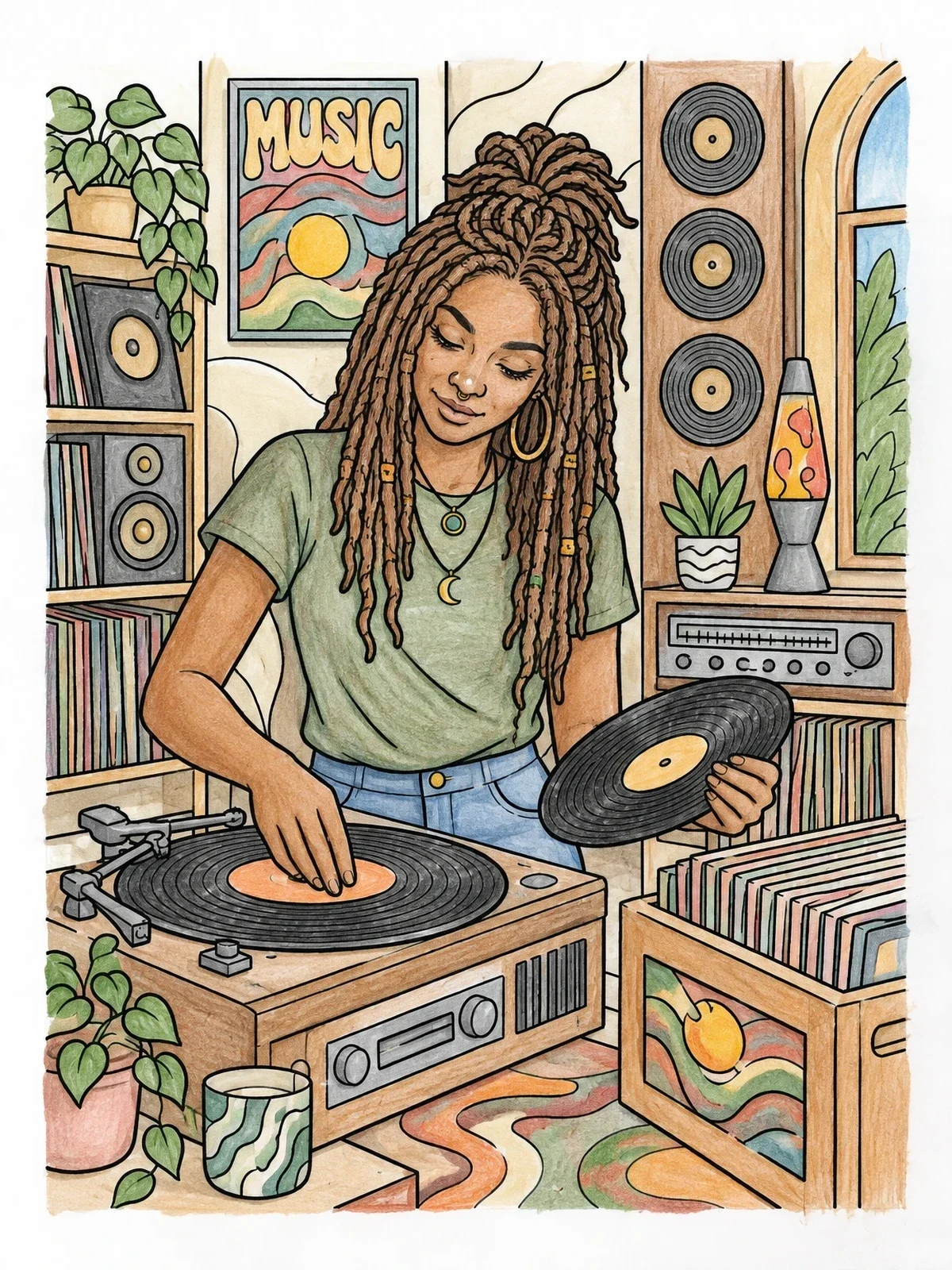 Colored example of the Woman Playing Vinyl In Music Room coloring page
