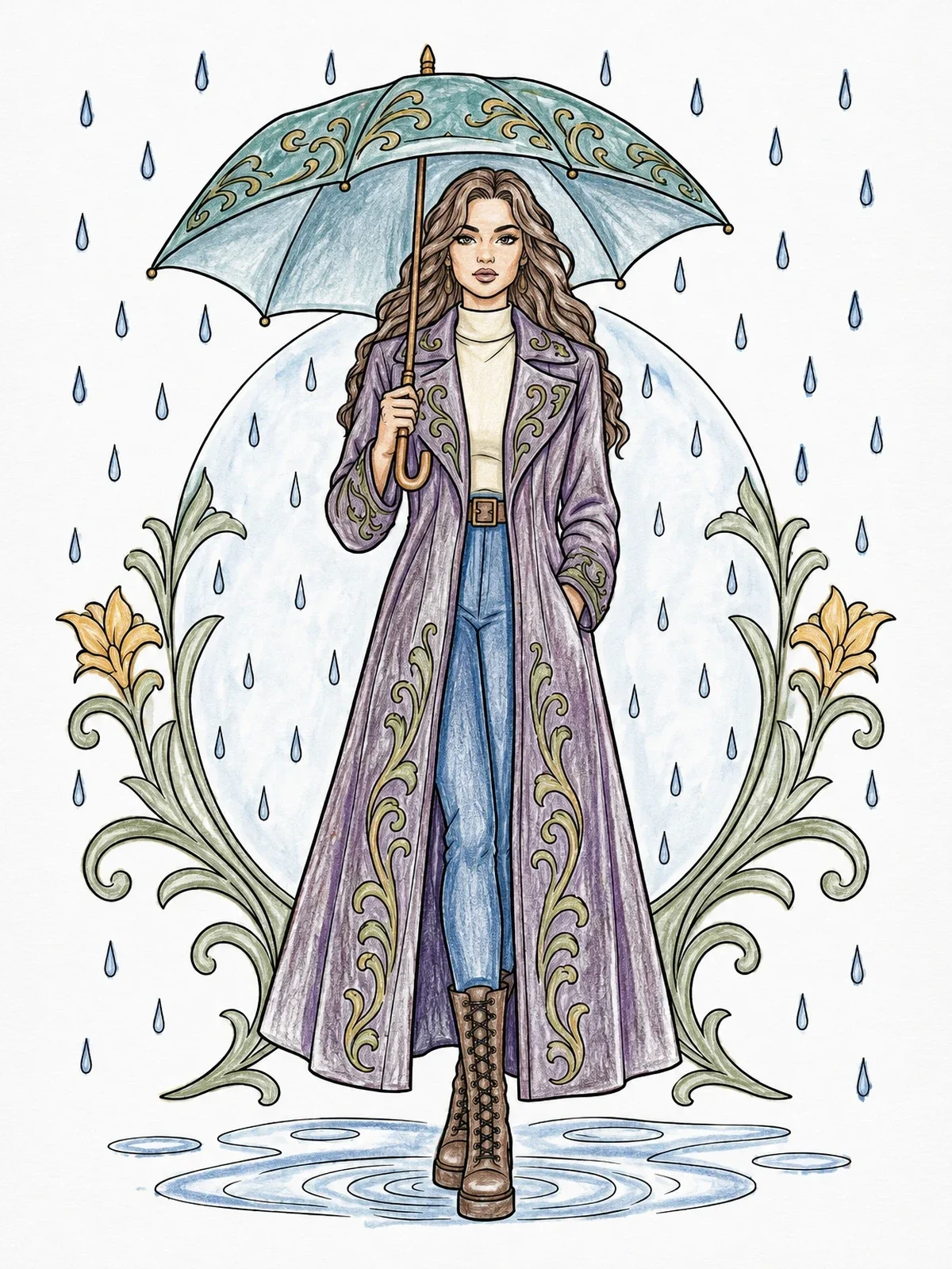 Colored example of the Woman With Umbrella In The Rain coloring page