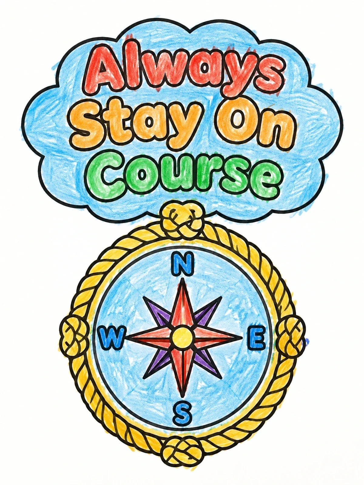 Colored example of the Always Stay On Course Compass coloring page