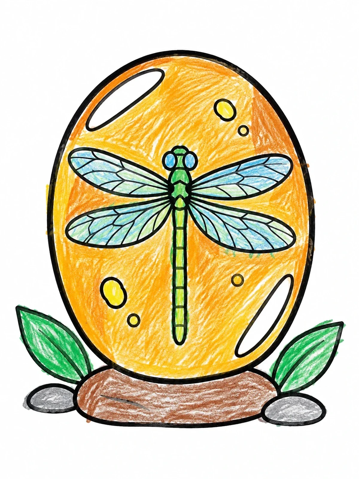 Colored example of the Dragonfly Preserved In Oval Amber Gemstone coloring page