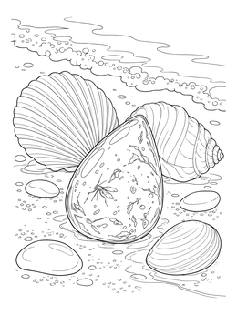 A detailed amber coloring page showing a gemstone with an insect fossil surrounded by seashells.