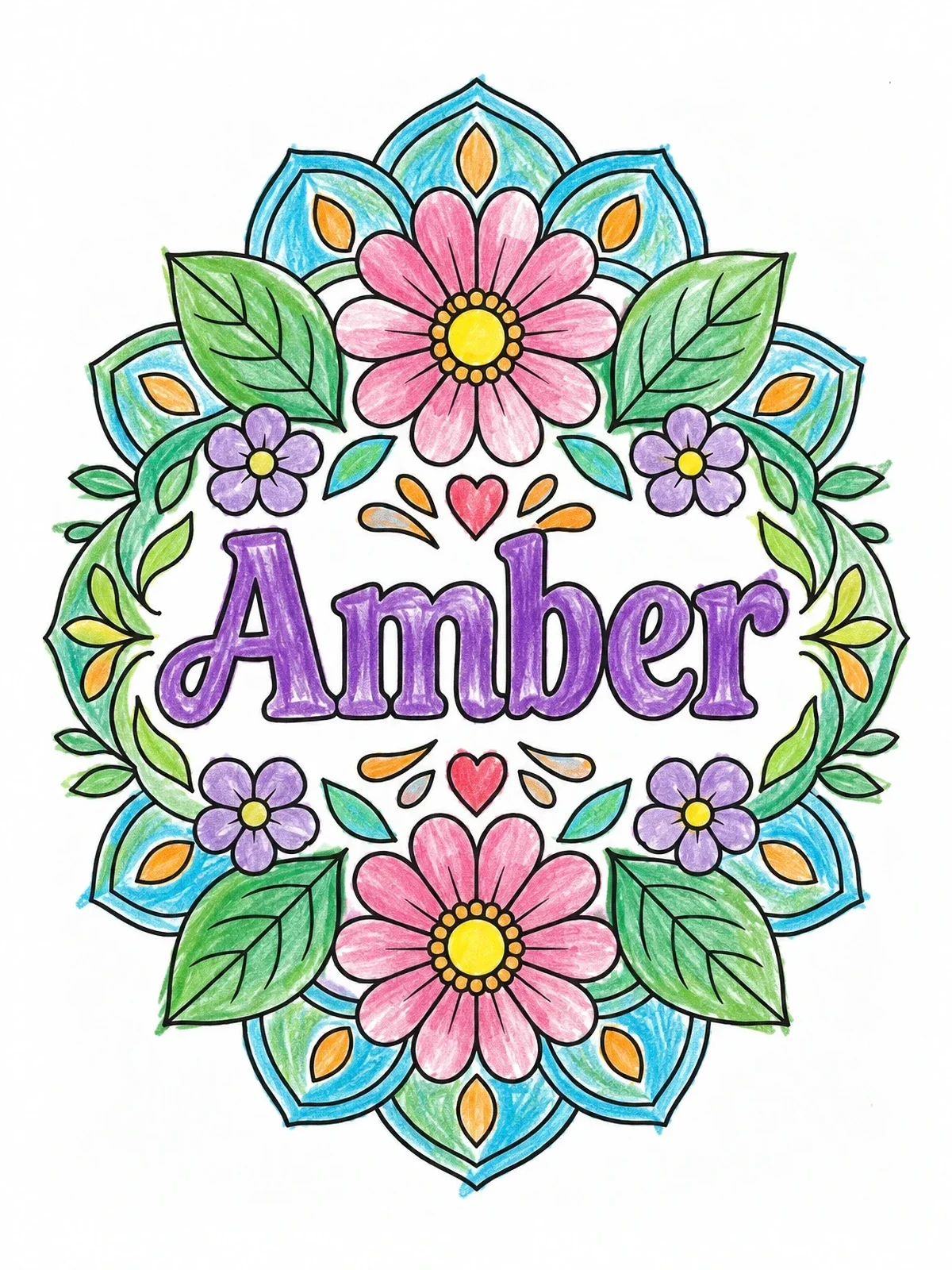 Colored example of the Personalized Amber Floral Mandala coloring page