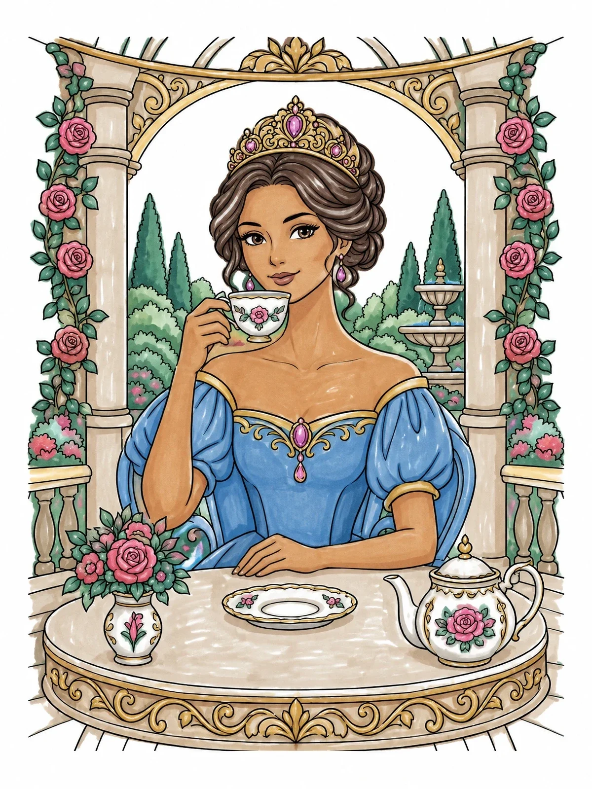 Colored example of the Princess Drinking Tea In Garden coloring page