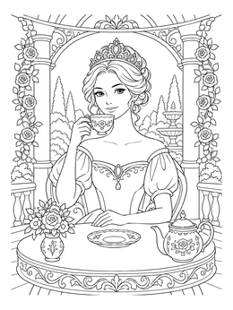 A princess with tiara enjoying tea on an amber coloring page set in a garden pavilion.